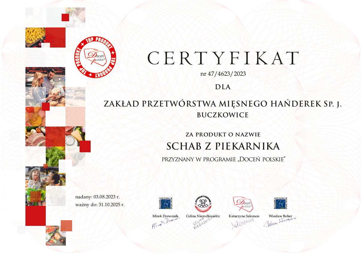 certyfikat doceń polskie - Hańderek - schab z piekarnika